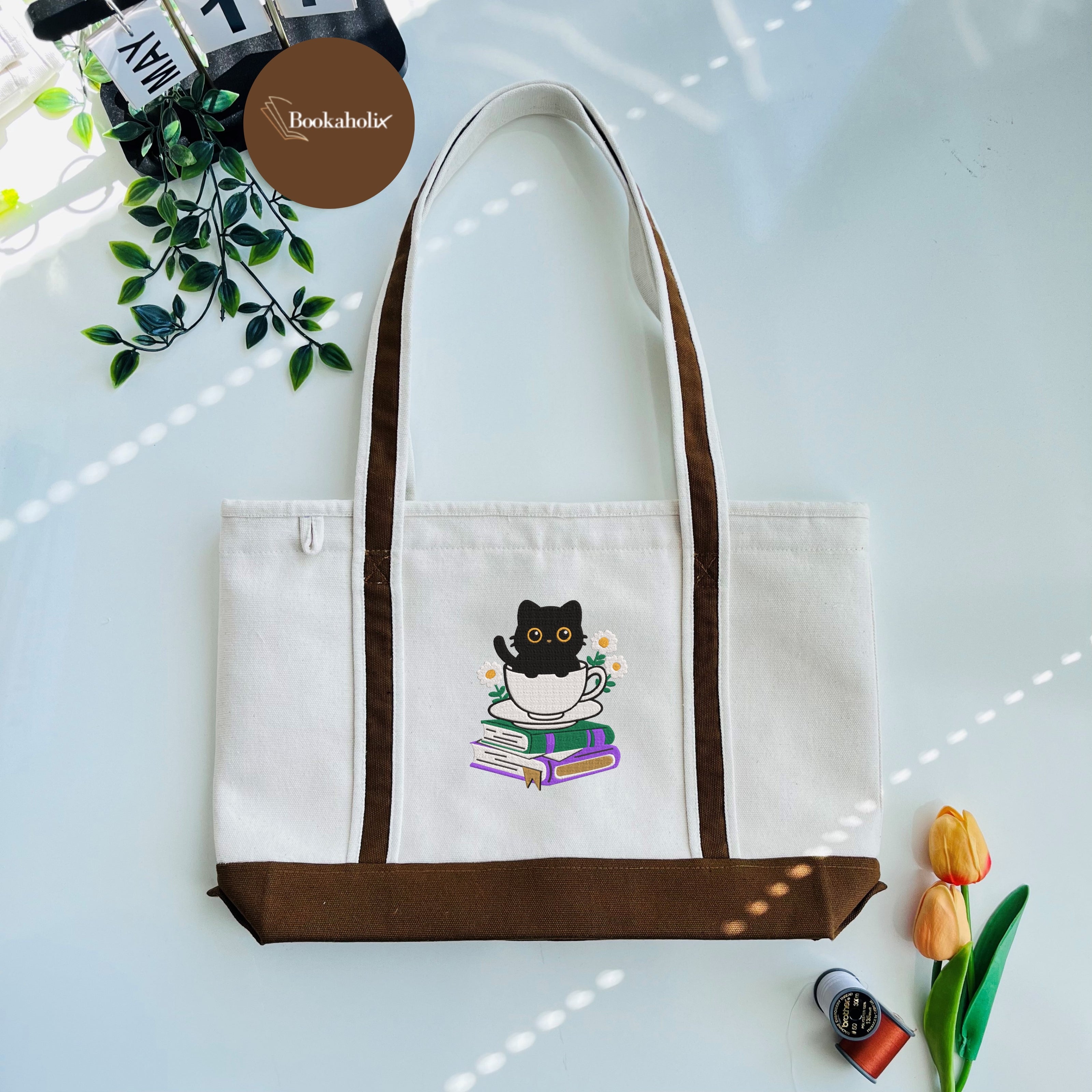 Cute Cat With Coffee And Book Embroidered Tote Bag For Book Lovers