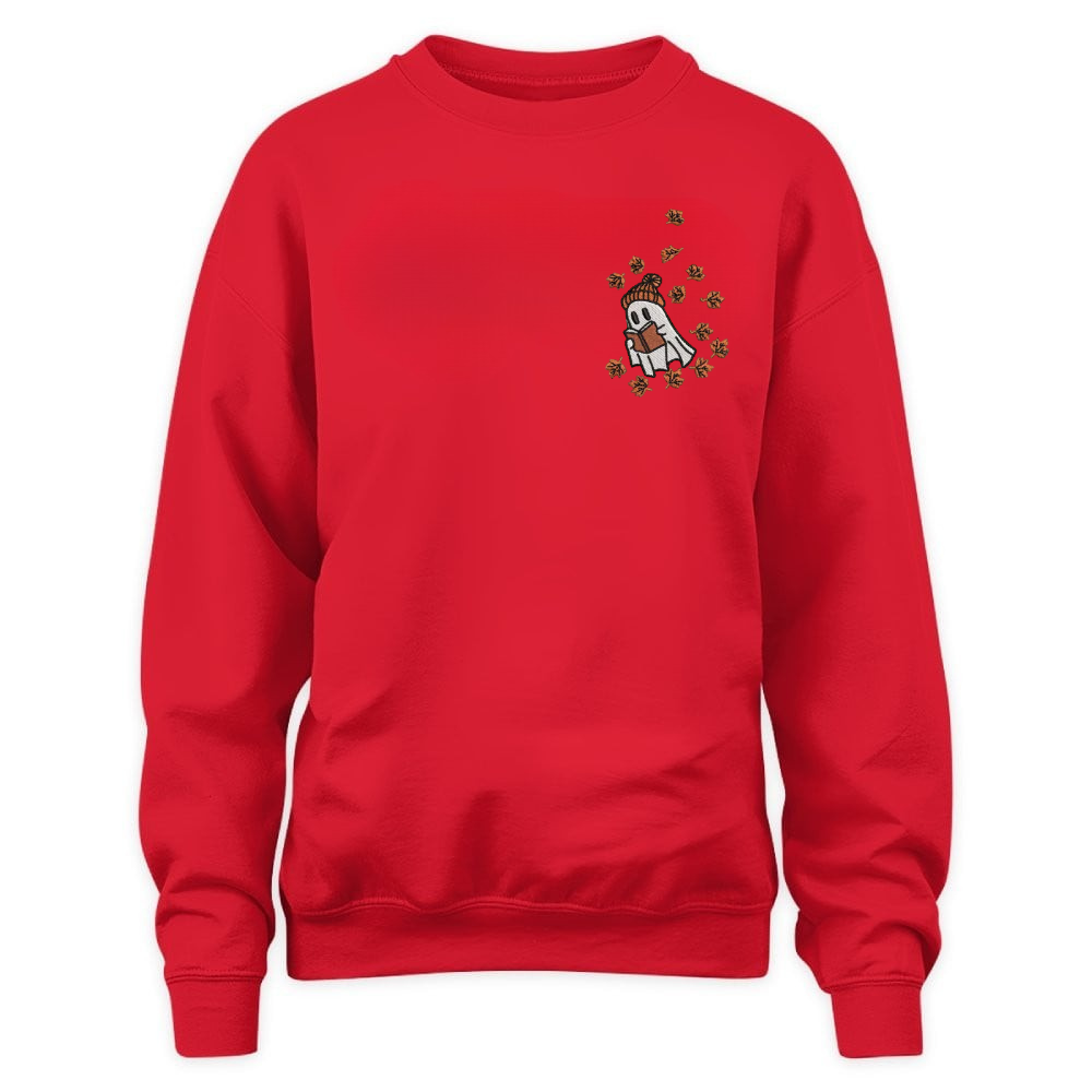 Cute Ghost Reading In Autumn Embroidered Sweatshirt For Book Lovers