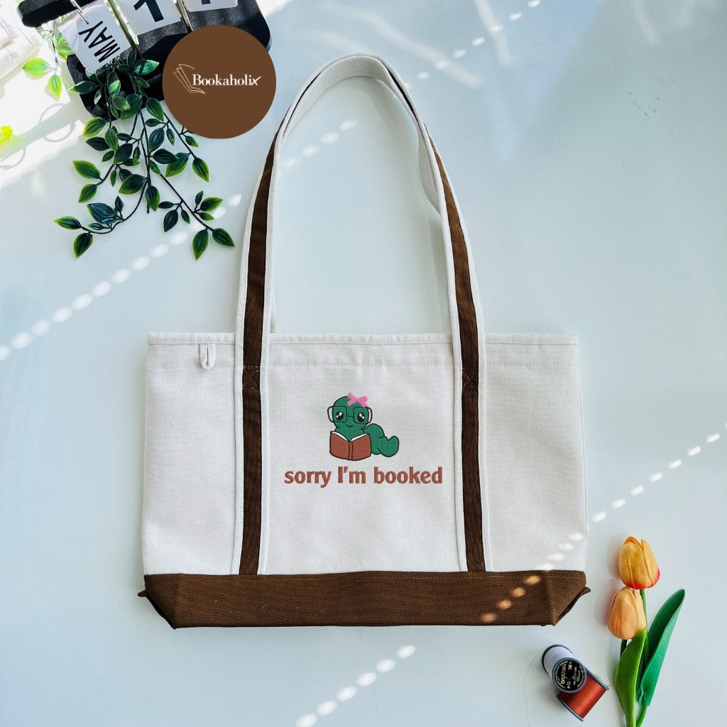Bookworm - Sorry I'm Booked Embroidered Tote Bag For Book Lovers