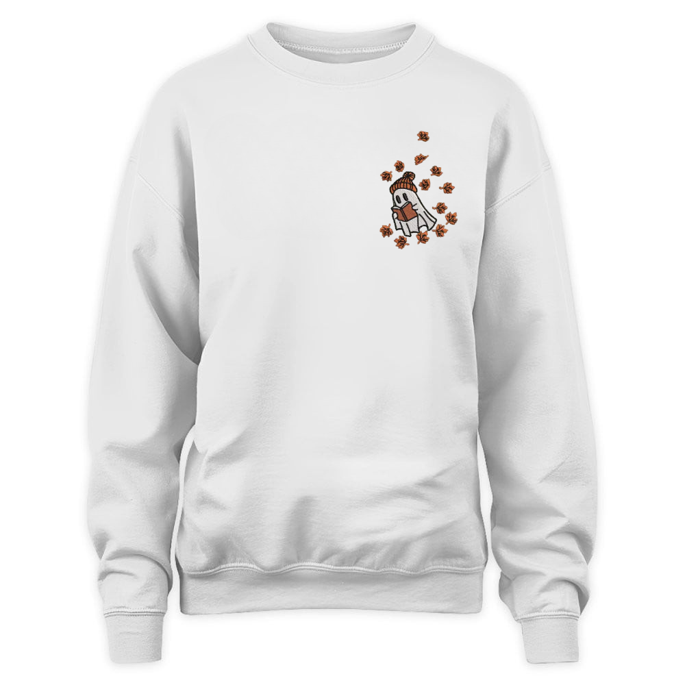Cute Ghost Reading In Autumn Embroidered Sweatshirt For Book Lovers