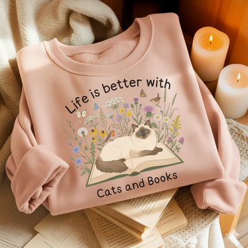 Life Better With Cat And Books - BookCatSW12- Crew Neck Sweatshirt