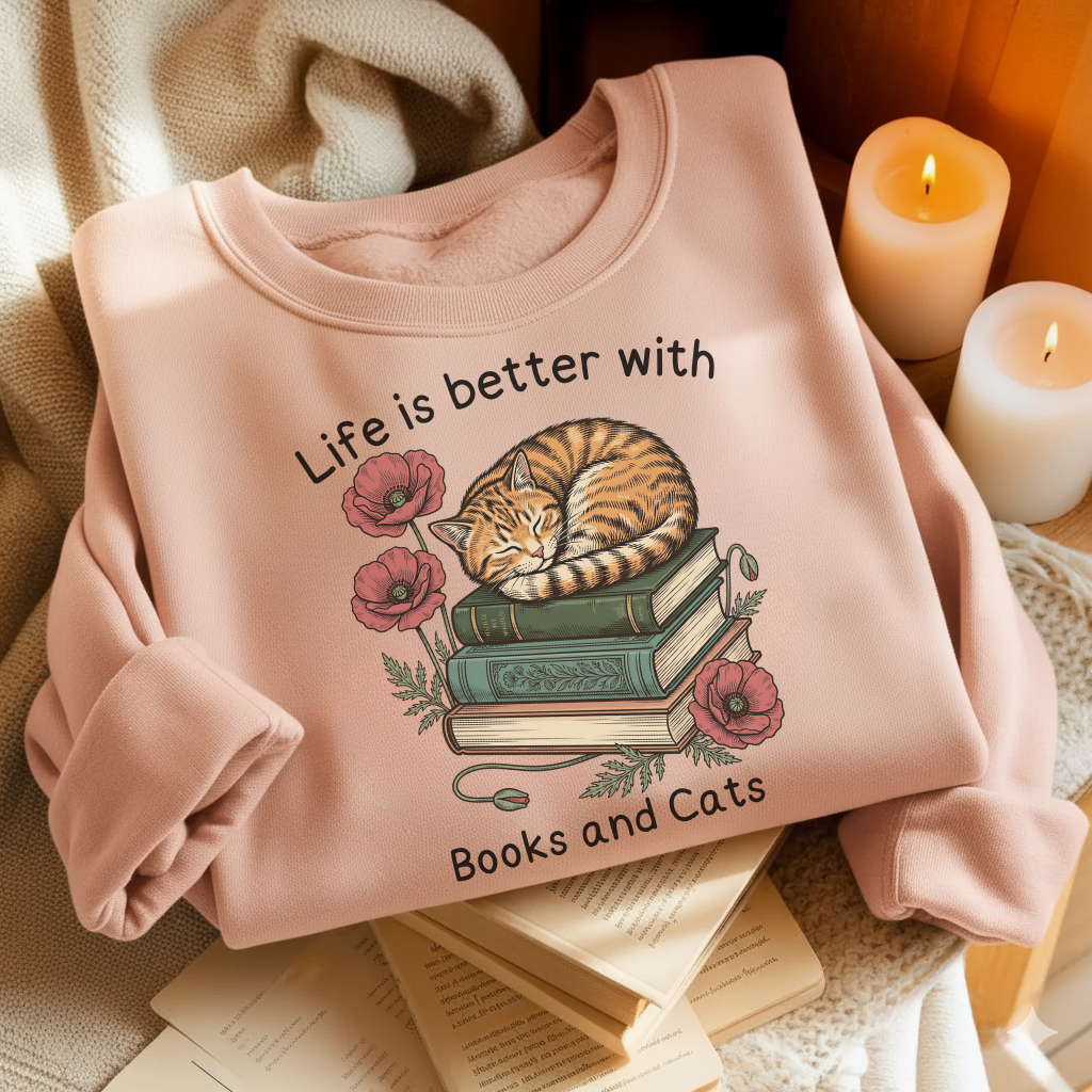Life Better With Cat And Books - BookCatSW05- Crew Neck Sweatshirt