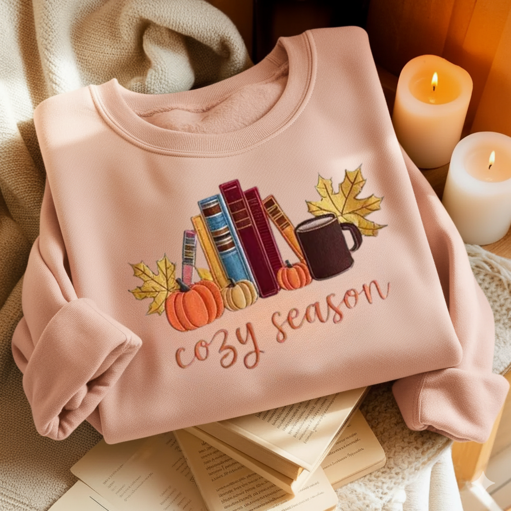 Cozy Season With Books Embroidered Sweatshirt For Book Lovers
