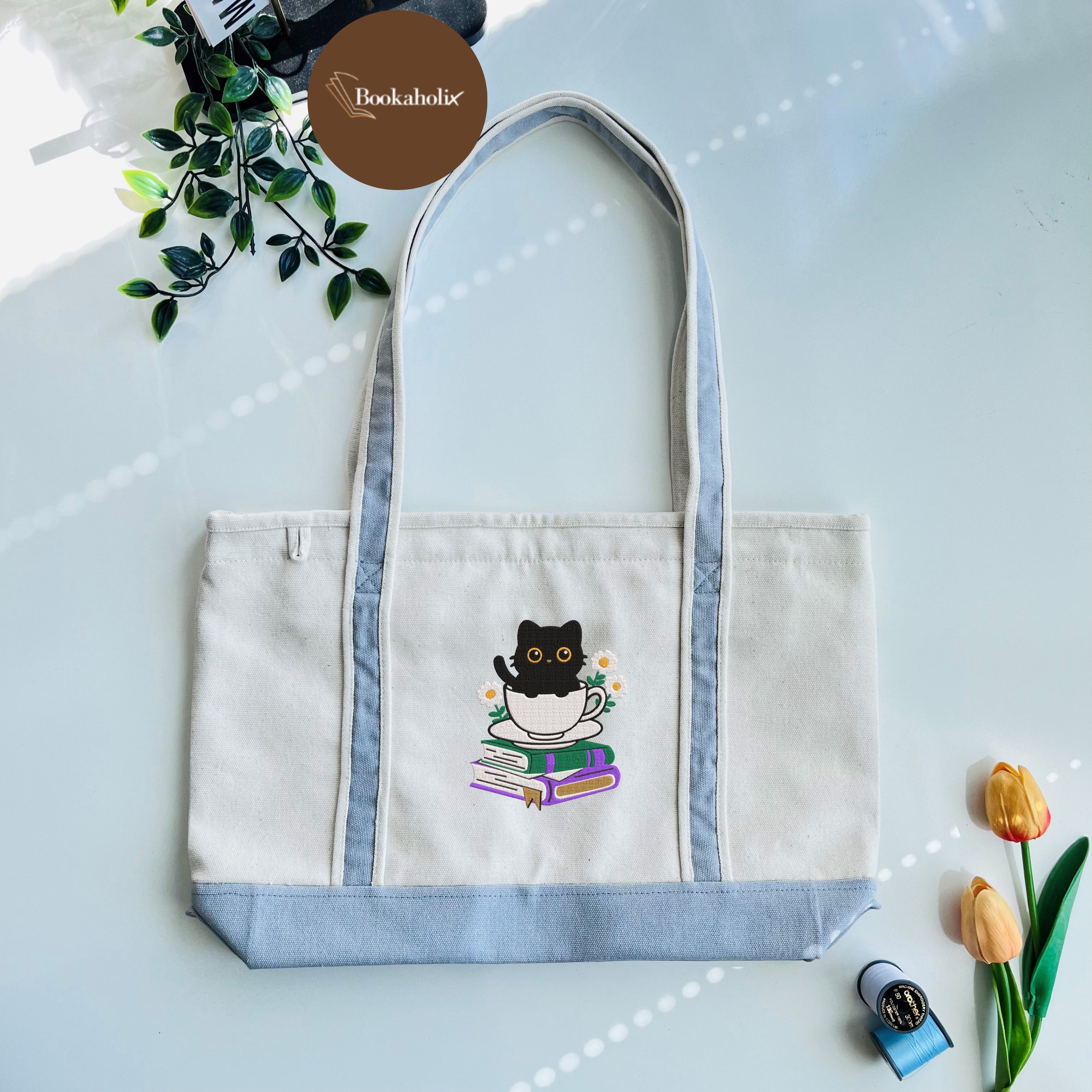 Cute Cat With Coffee And Book Embroidered Tote Bag For Book Lovers