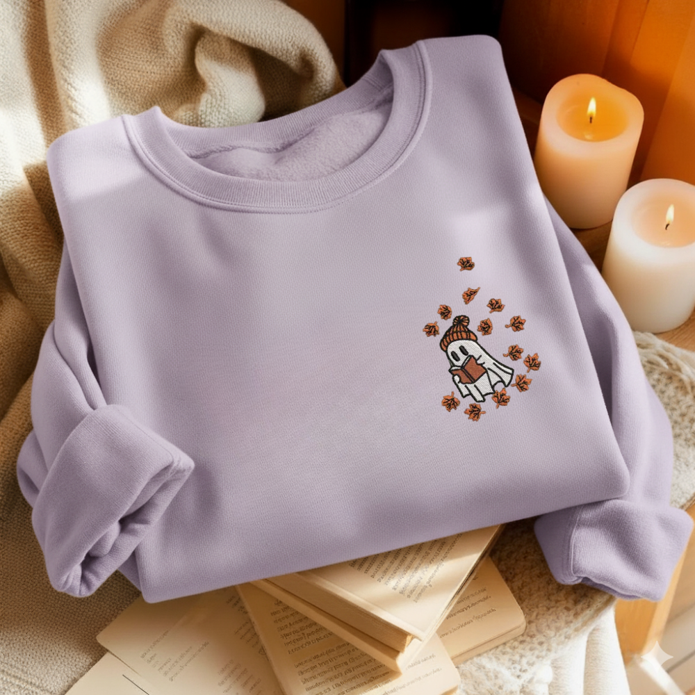 Cute Ghost Reading In Autumn Embroidered Sweatshirt For Book Lovers