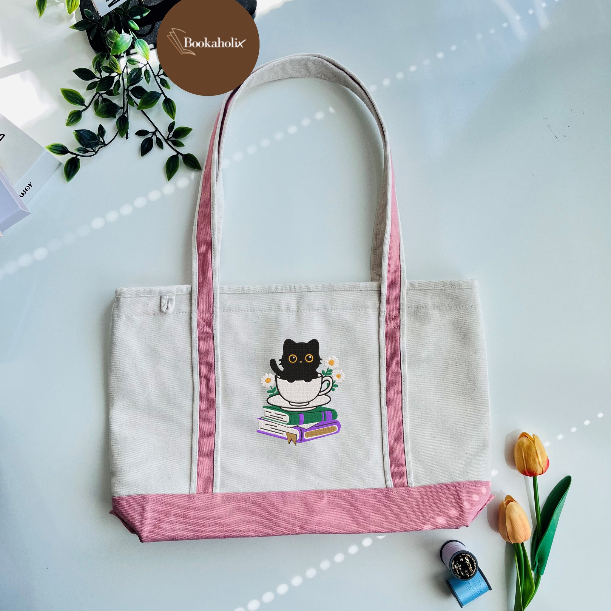 Cute Cat With Coffee And Book Embroidered Tote Bag For Book Lovers