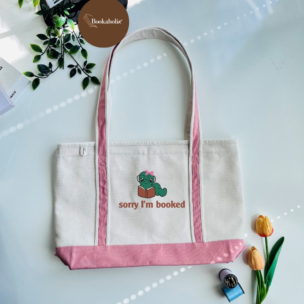 Bookworm - Sorry I'm Booked Embroidered Tote Bag For Book Lovers