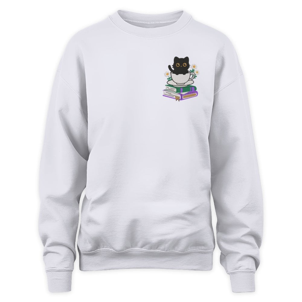 Cute Cat With Coffee And Book Embroidered Sweatshirt For Book Lovers