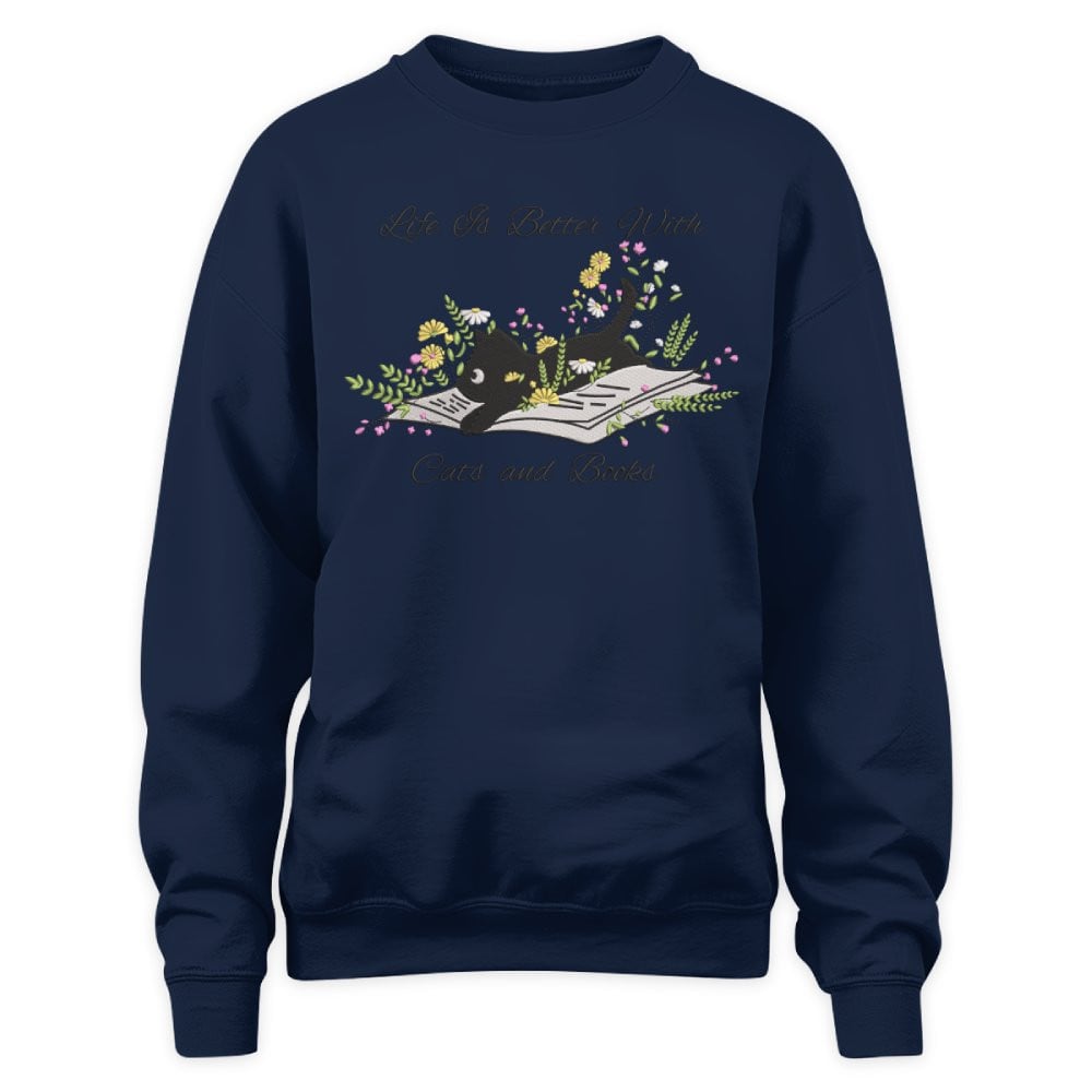 Cute Cat Lying On Book With Flower Embroidered Sweatshirt For Book Lovers