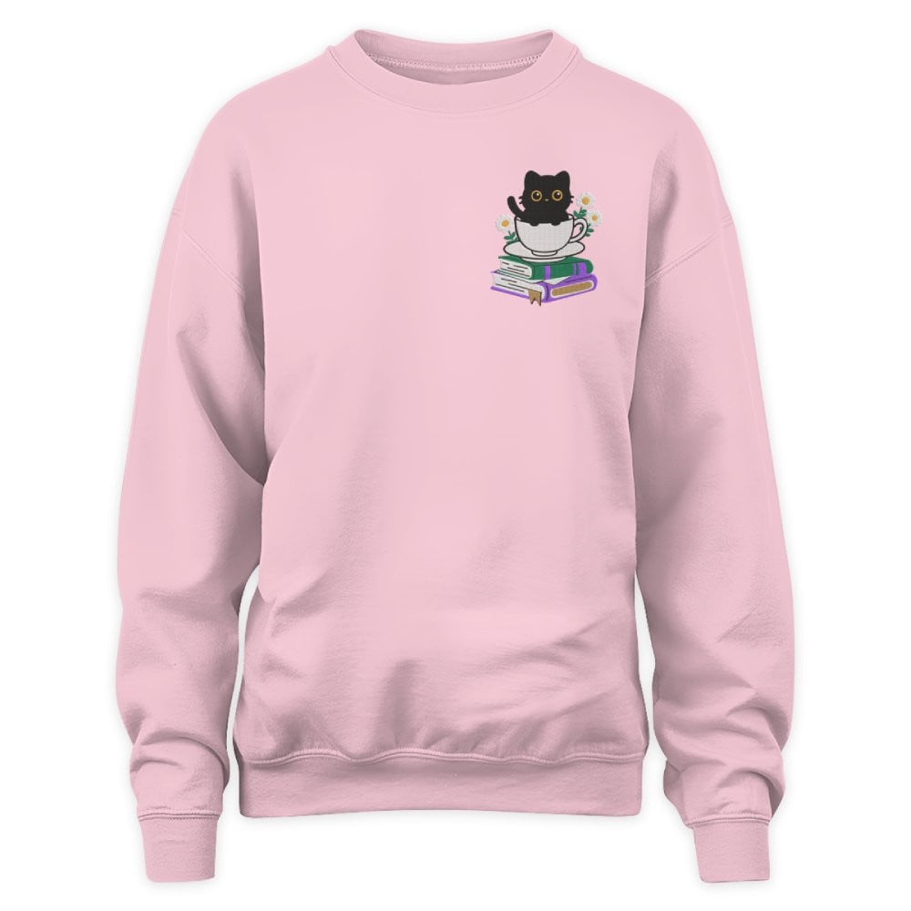 Cute Cat With Coffee And Book Embroidered Sweatshirt For Book Lovers