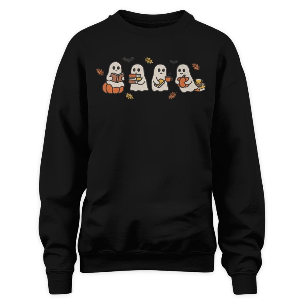 Cute Halloween Ghosts Reading Books Embroidered Sweatshirt For Book Lovers