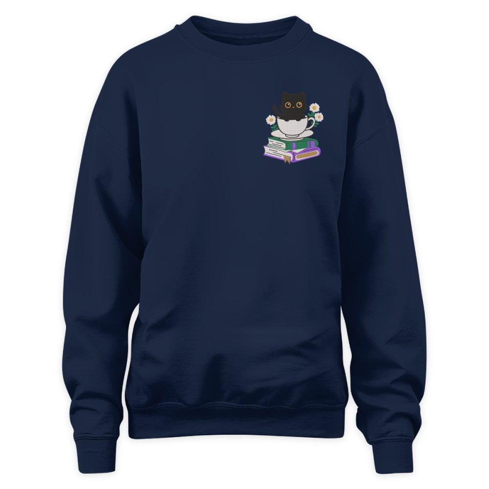 Cute Cat With Coffee And Book Embroidered Sweatshirt For Book Lovers