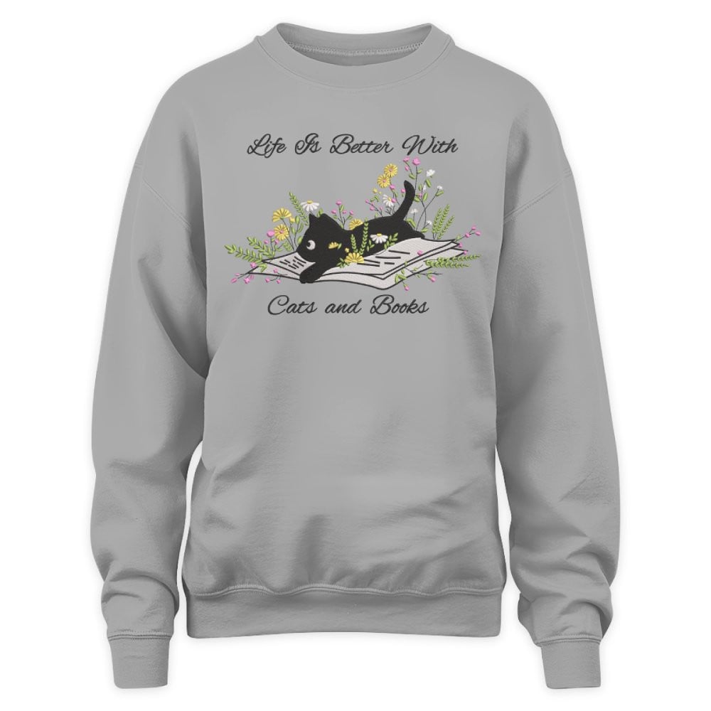 Cute Cat Lying On Book With Flower Embroidered Sweatshirt For Book Lovers