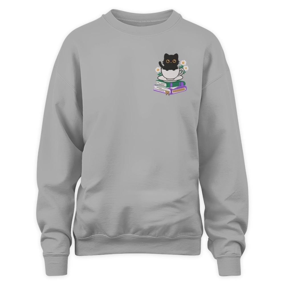 Cute Cat With Coffee And Book Embroidered Sweatshirt For Book Lovers