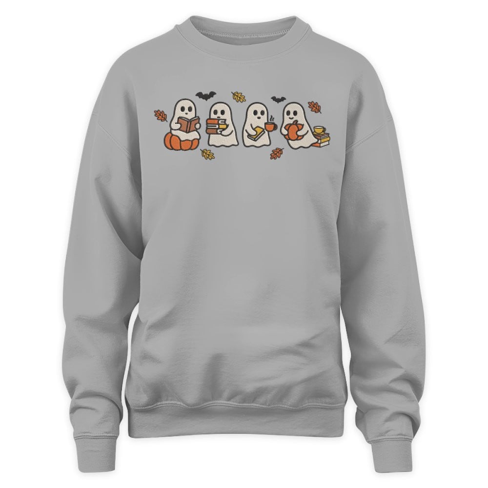 Cute Halloween Ghosts Reading Books Embroidered Sweatshirt For Book Lovers