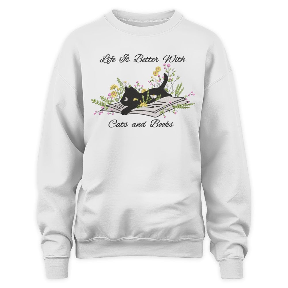 Cute Cat Lying On Book With Flower Embroidered Sweatshirt For Book Lovers