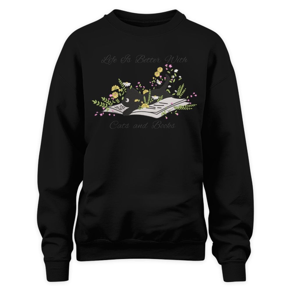 Cute Cat Lying On Book With Flower Embroidered Sweatshirt For Book Lovers