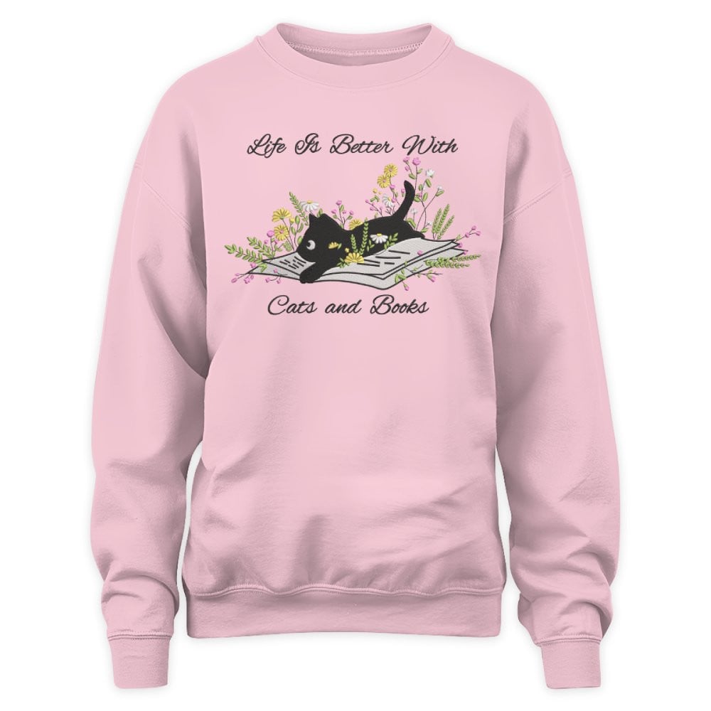 Cute Cat Lying On Book With Flower Embroidered Sweatshirt For Book Lovers