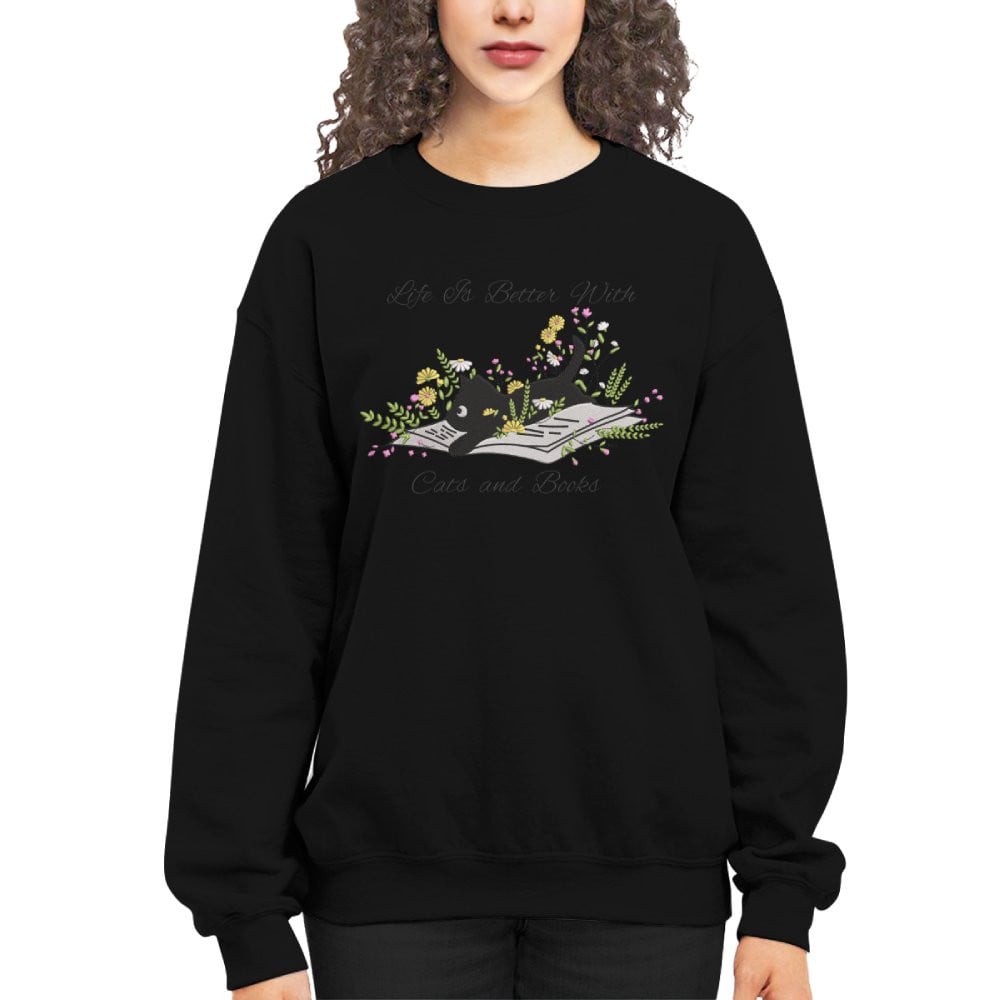 Cute Cat Lying On Book With Flower Embroidered Sweatshirt For Book Lovers