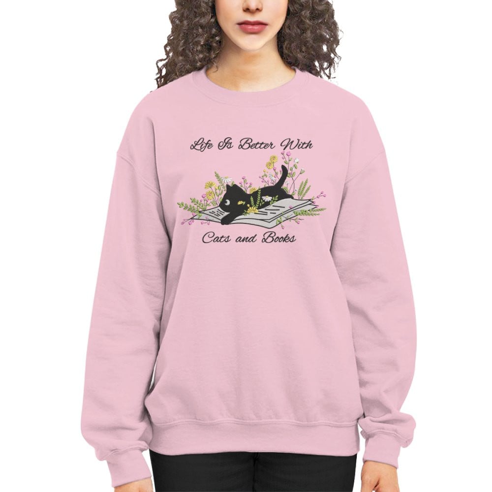 Cute Cat Lying On Book With Flower Embroidered Sweatshirt For Book Lovers