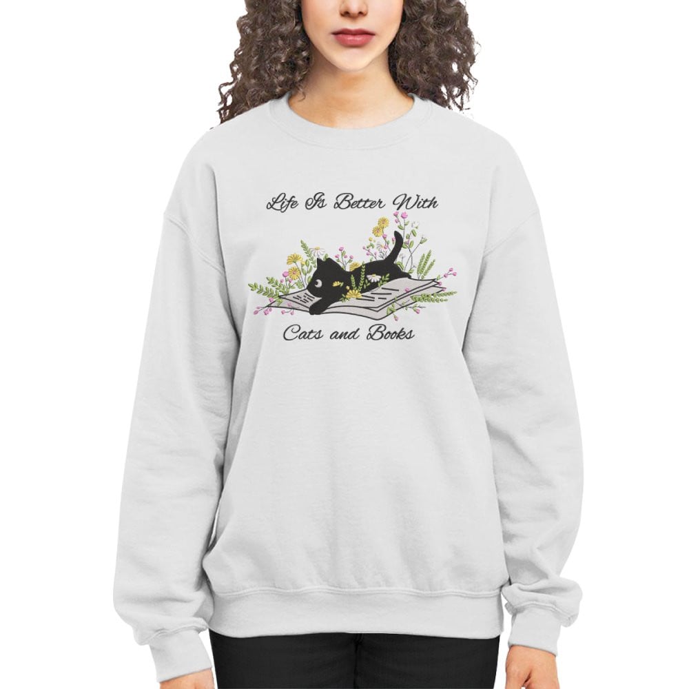 Cute Cat Lying On Book With Flower Embroidered Sweatshirt For Book Lovers