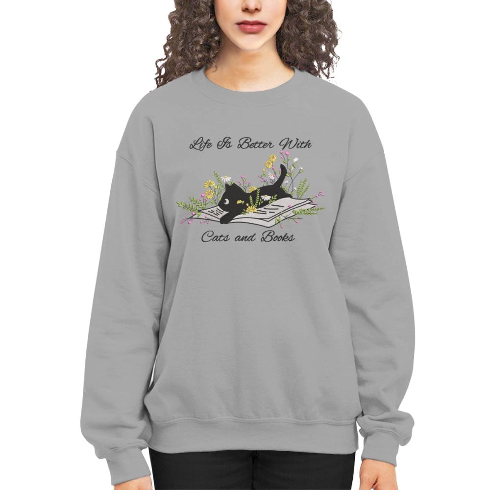 Cute Cat Lying On Book With Flower Embroidered Sweatshirt For Book Lovers