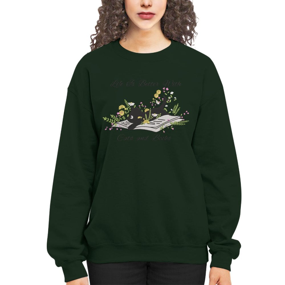 Cute Cat Lying On Book With Flower Embroidered Sweatshirt For Book Lovers