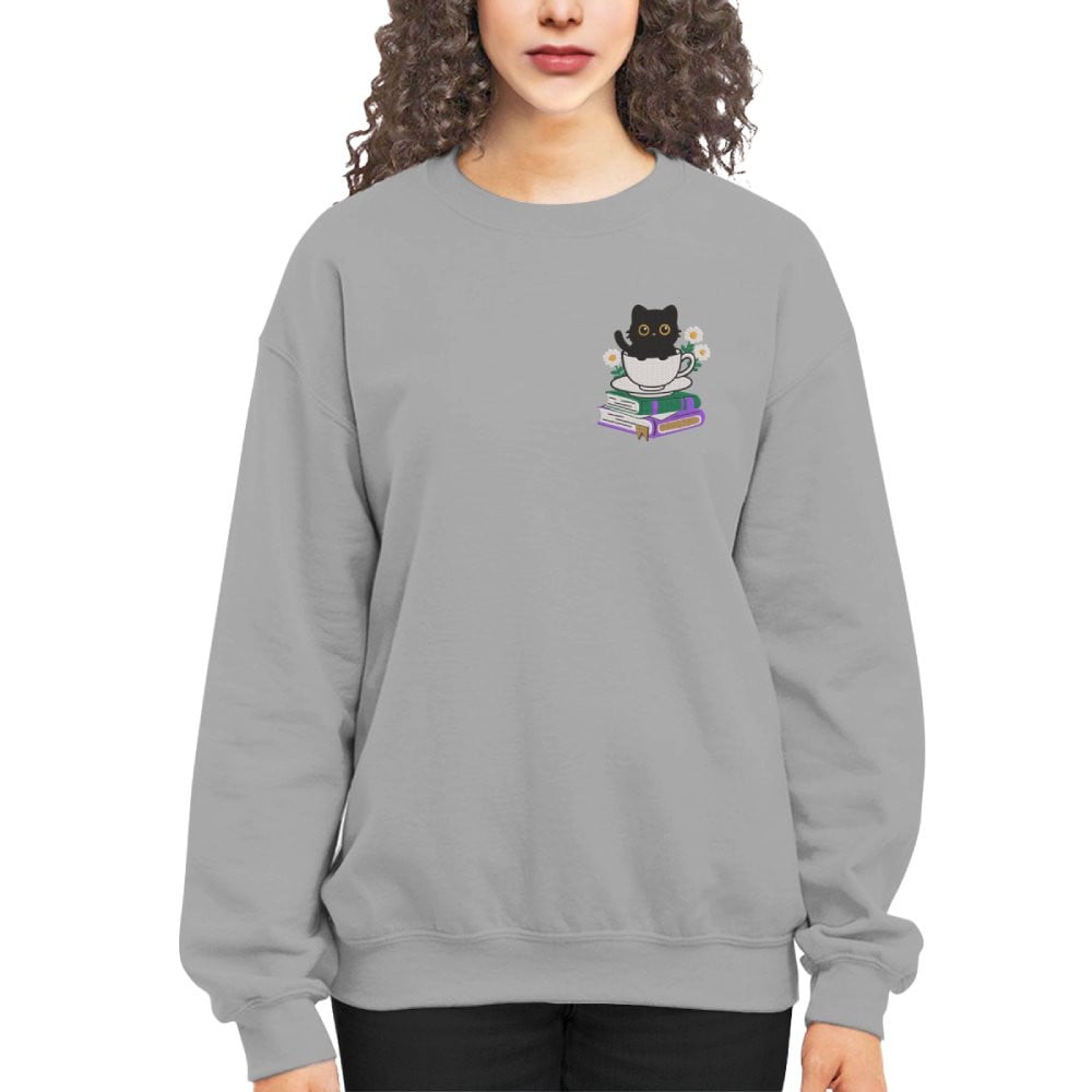 Cute Cat With Coffee And Book Embroidered Sweatshirt For Book Lovers