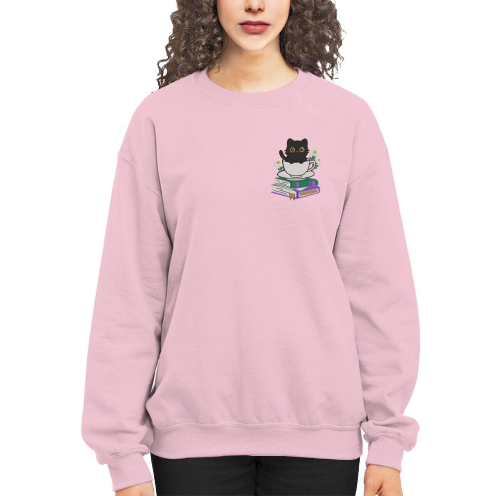 Cute Cat With Coffee And Book Embroidered Sweatshirt For Book Lovers
