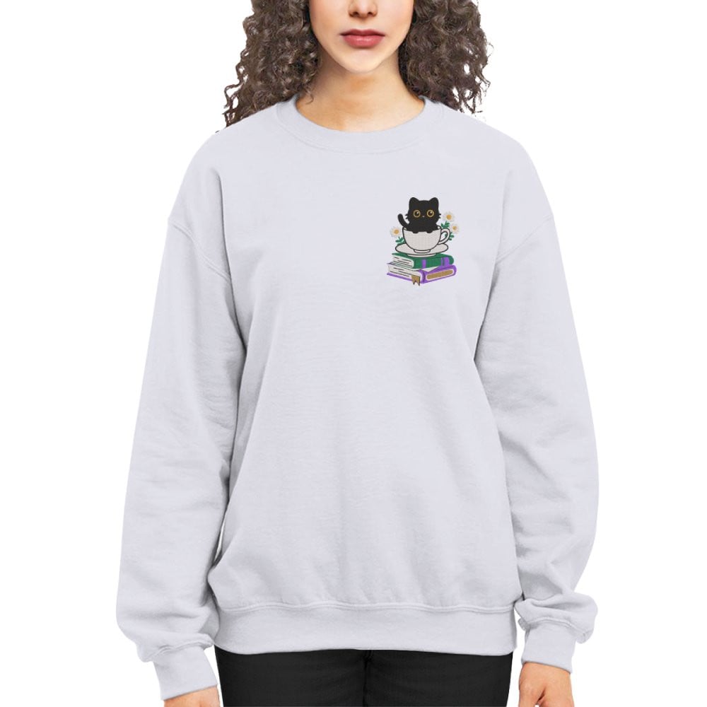 Cute Cat With Coffee And Book Embroidered Sweatshirt For Book Lovers