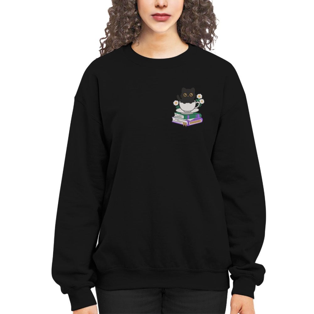 Cute Cat With Coffee And Book Embroidered Sweatshirt For Book Lovers