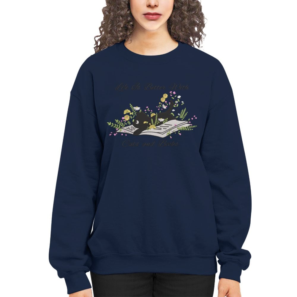 Cute Cat Lying On Book With Flower Embroidered Sweatshirt For Book Lovers