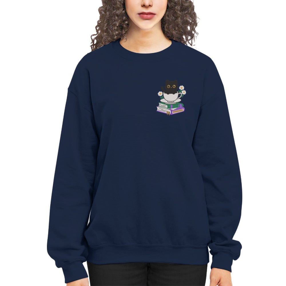 Cute Cat With Coffee And Book Embroidered Sweatshirt For Book Lovers