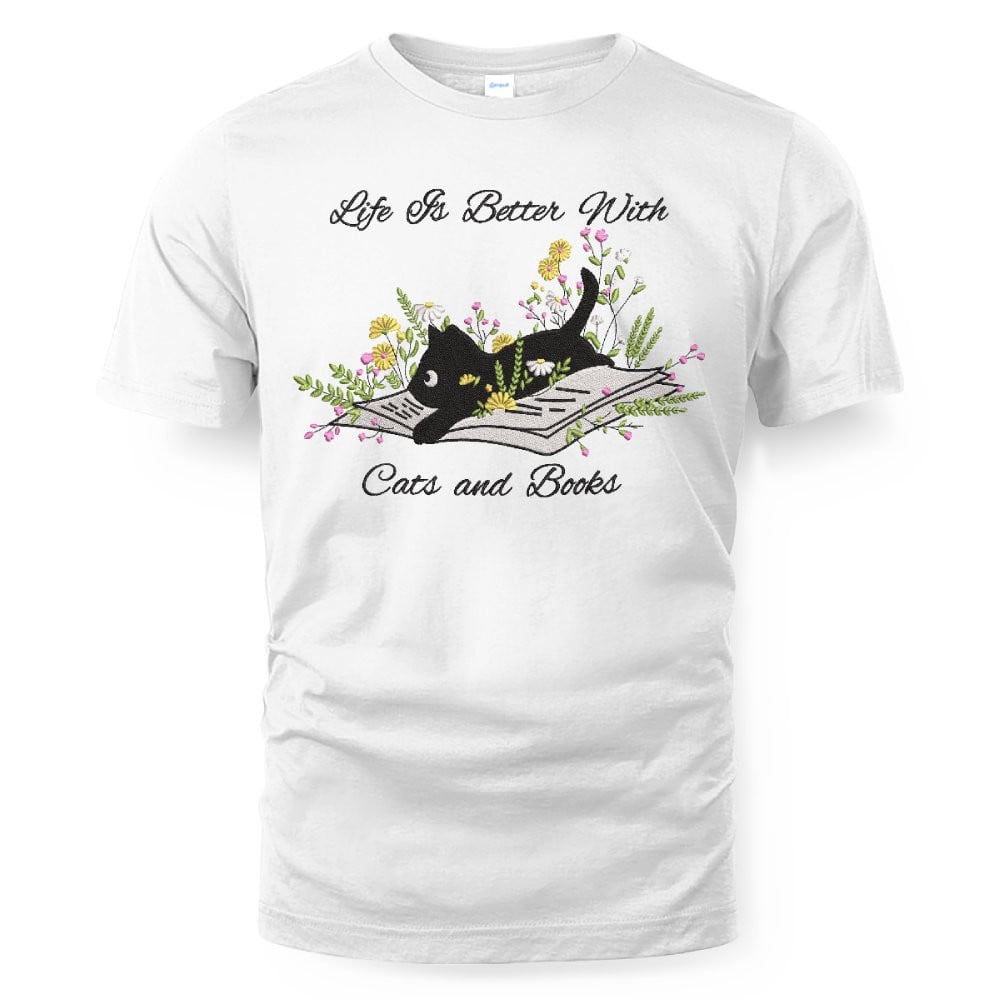 Cute Cat Lying On Book With Flower Embroidered Shirt For Book Lovers