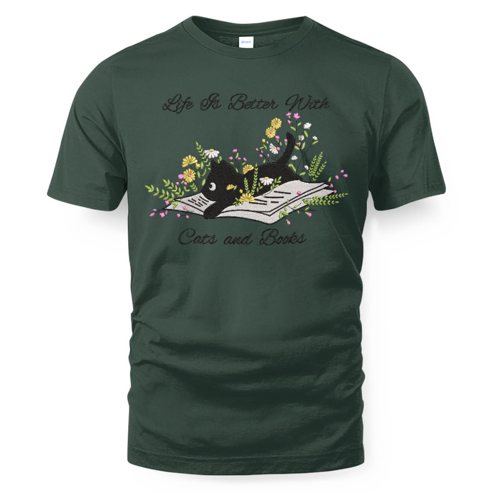 Cute Cat Lying On Book With Flower Embroidered Shirt For Book Lovers