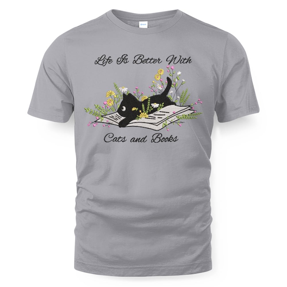 Cute Cat Lying On Book With Flower Embroidered Shirt For Book Lovers