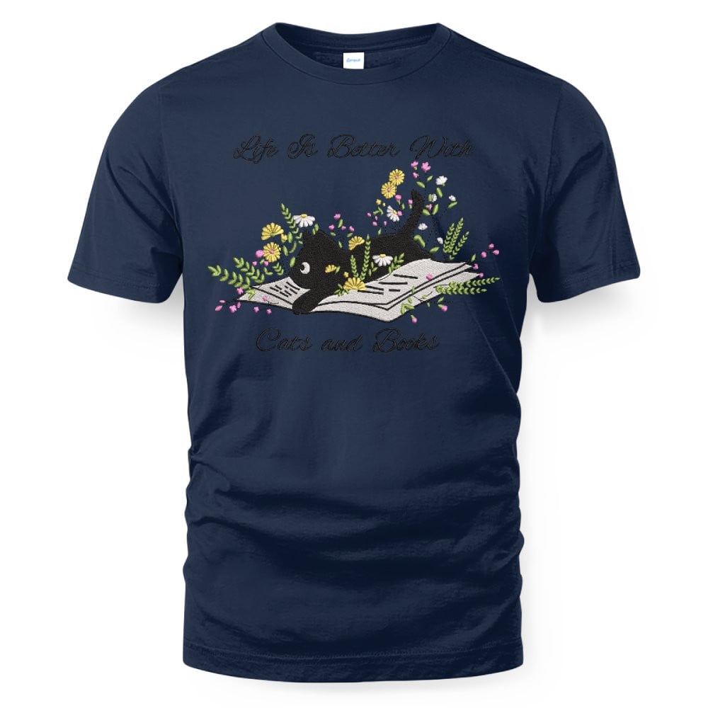 Cute Cat Lying On Book With Flower Embroidered Shirt For Book Lovers