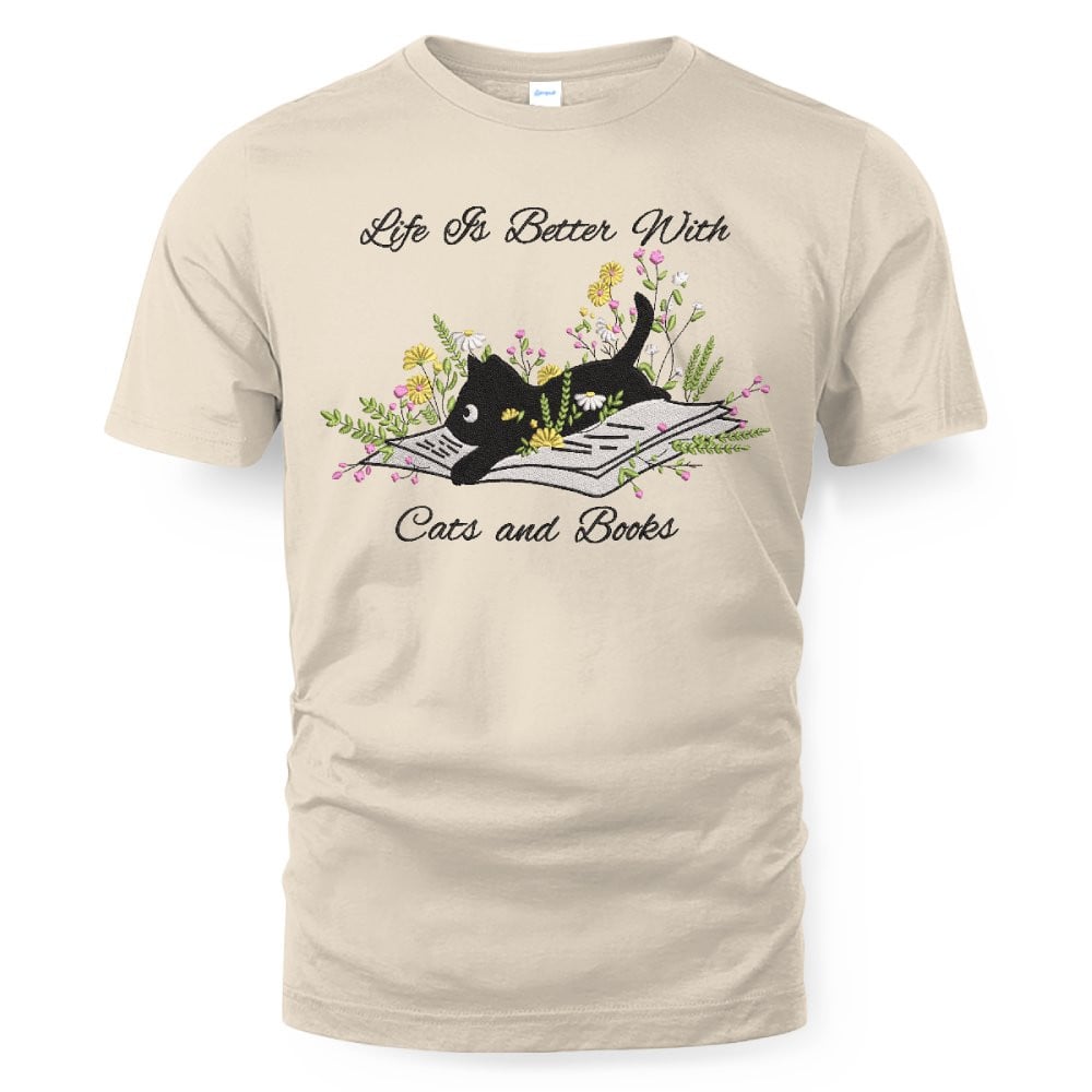 Cute Cat Lying On Book With Flower Embroidered Shirt For Book Lovers