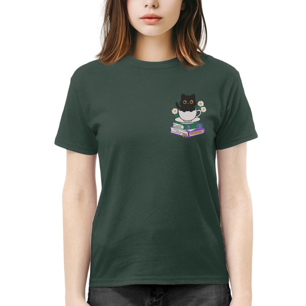 Cute Cat With Coffee And Book Embroidered Shirt For Book Lovers