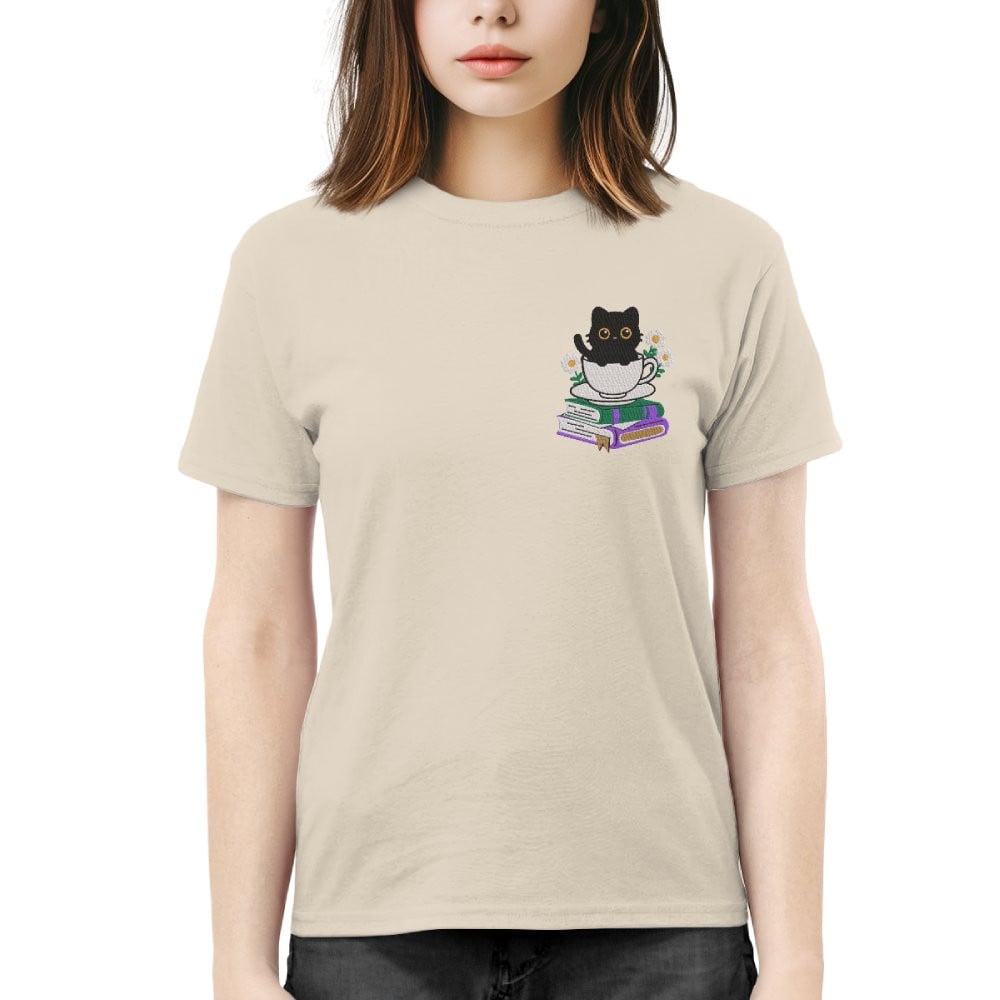Cute Cat With Coffee And Book Embroidered Shirt For Book Lovers