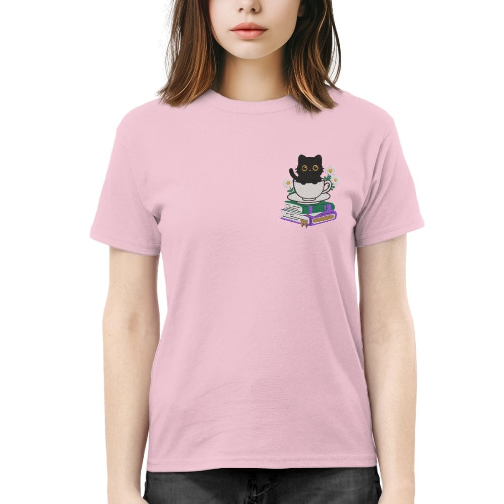 Cute Cat With Coffee And Book Embroidered Shirt For Book Lovers