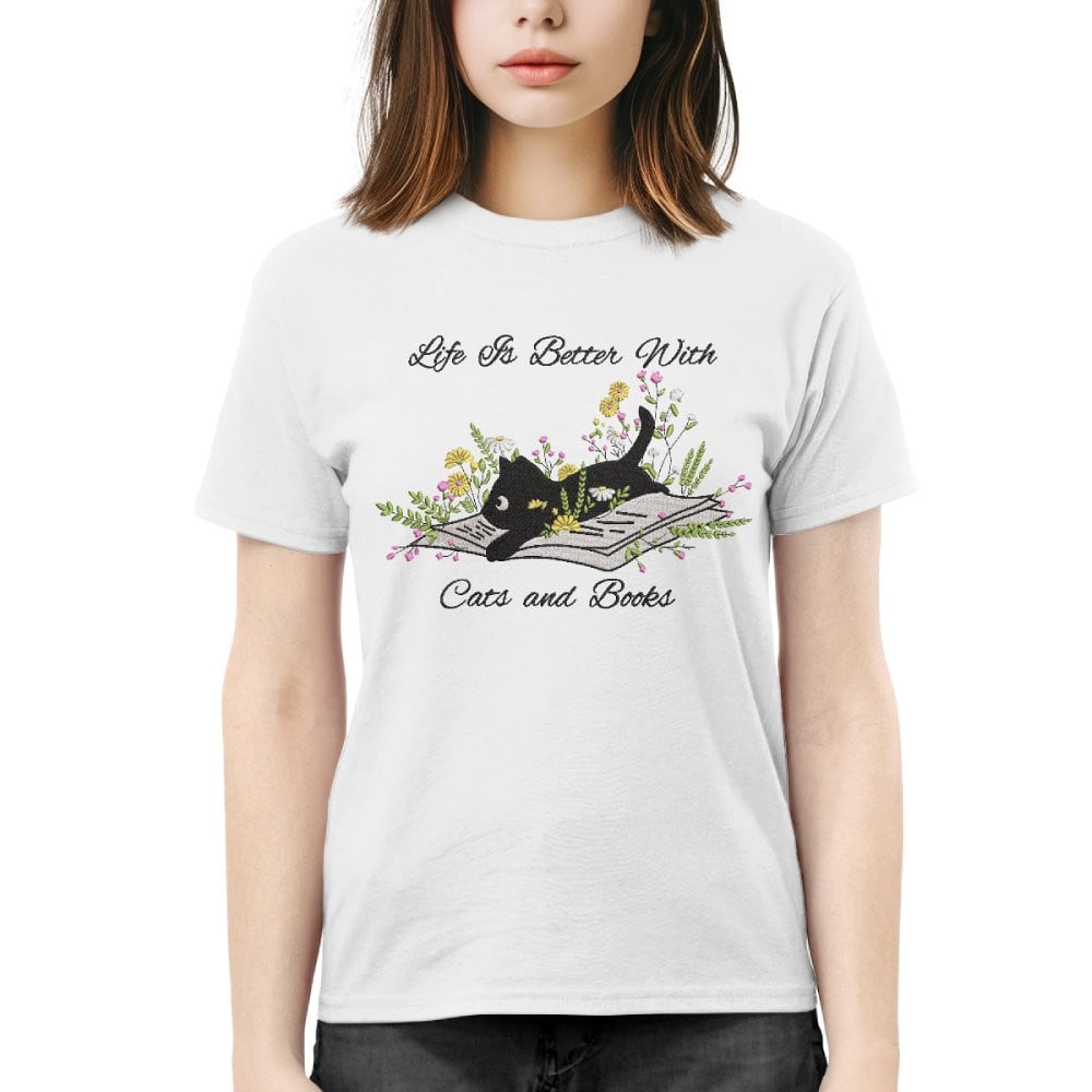 Cute Cat Lying On Book With Flower Embroidered Shirt For Book Lovers