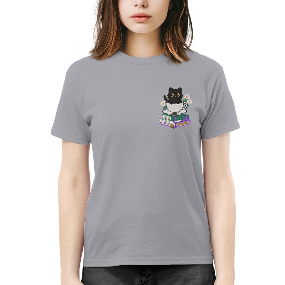 Cute Cat With Coffee And Book Embroidered Shirt For Book Lovers