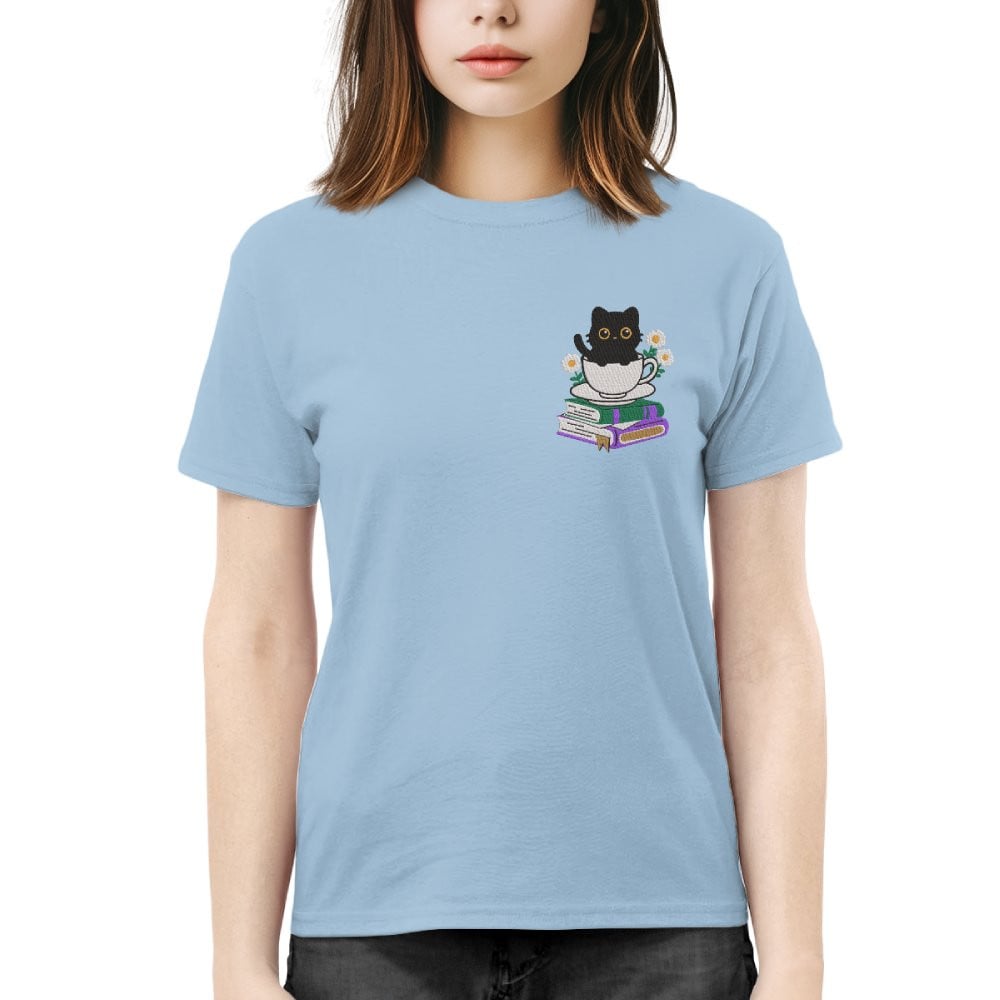 Cute Cat With Coffee And Book Embroidered Shirt For Book Lovers
