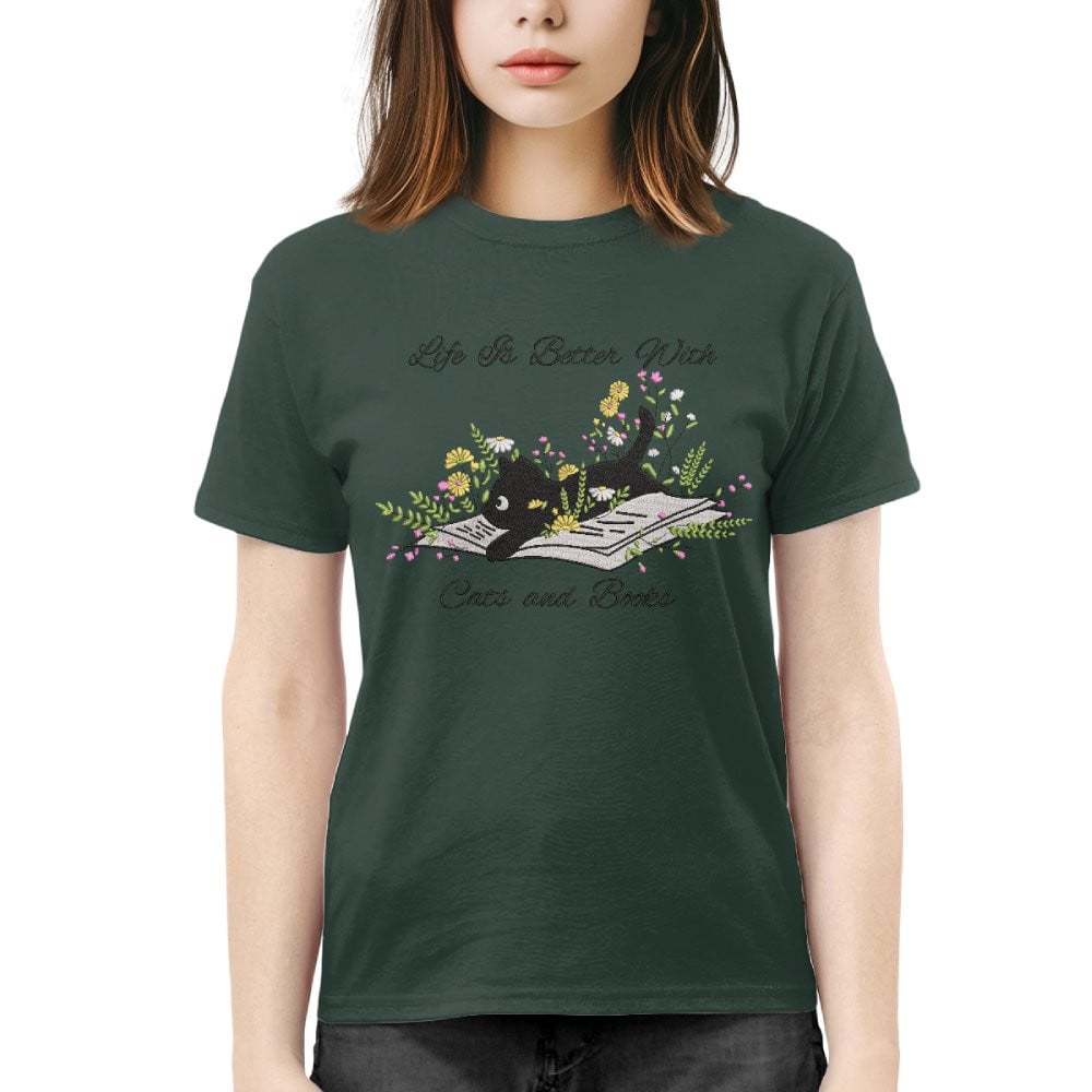 Cute Cat Lying On Book With Flower Embroidered Shirt For Book Lovers