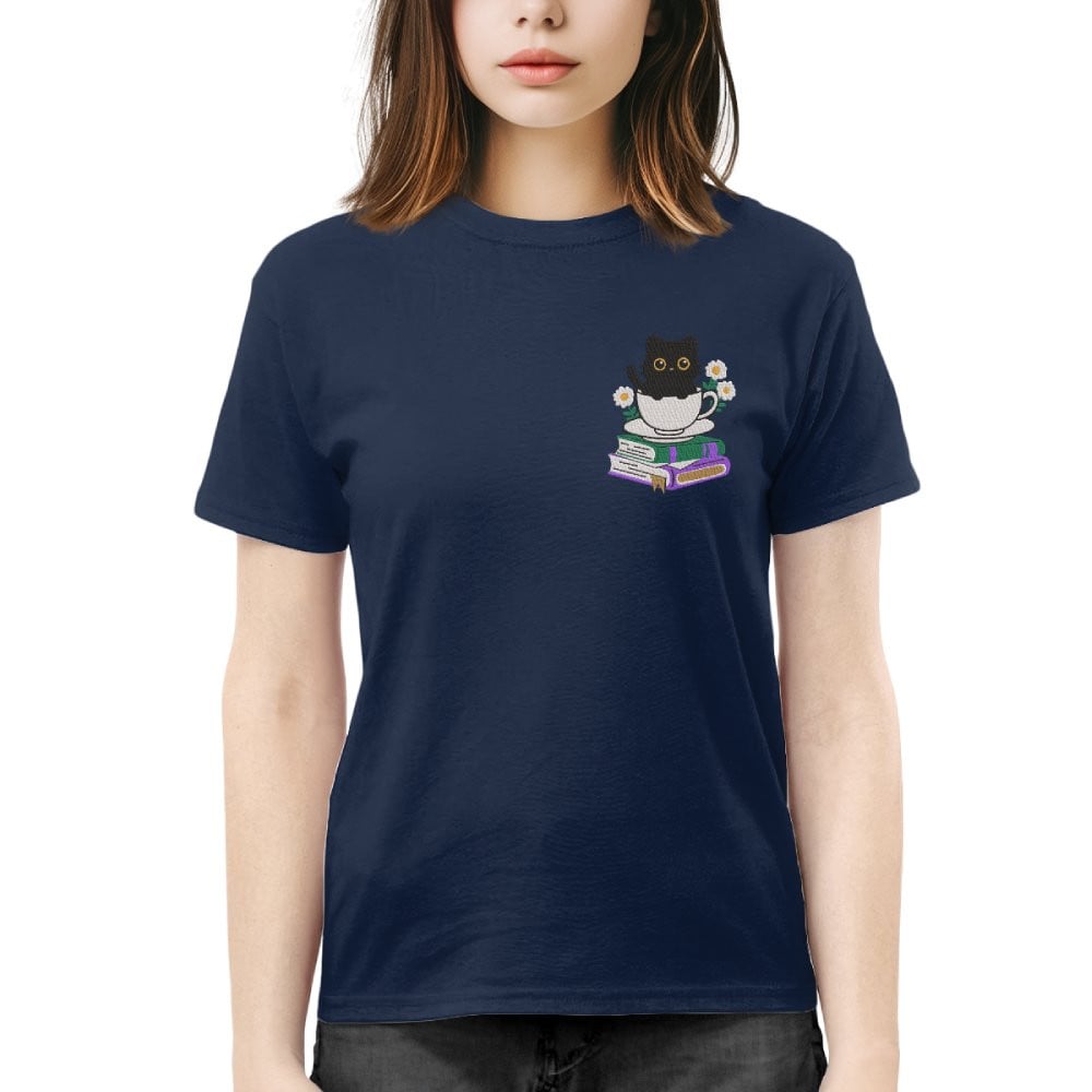 Cute Cat With Coffee And Book Embroidered Shirt For Book Lovers