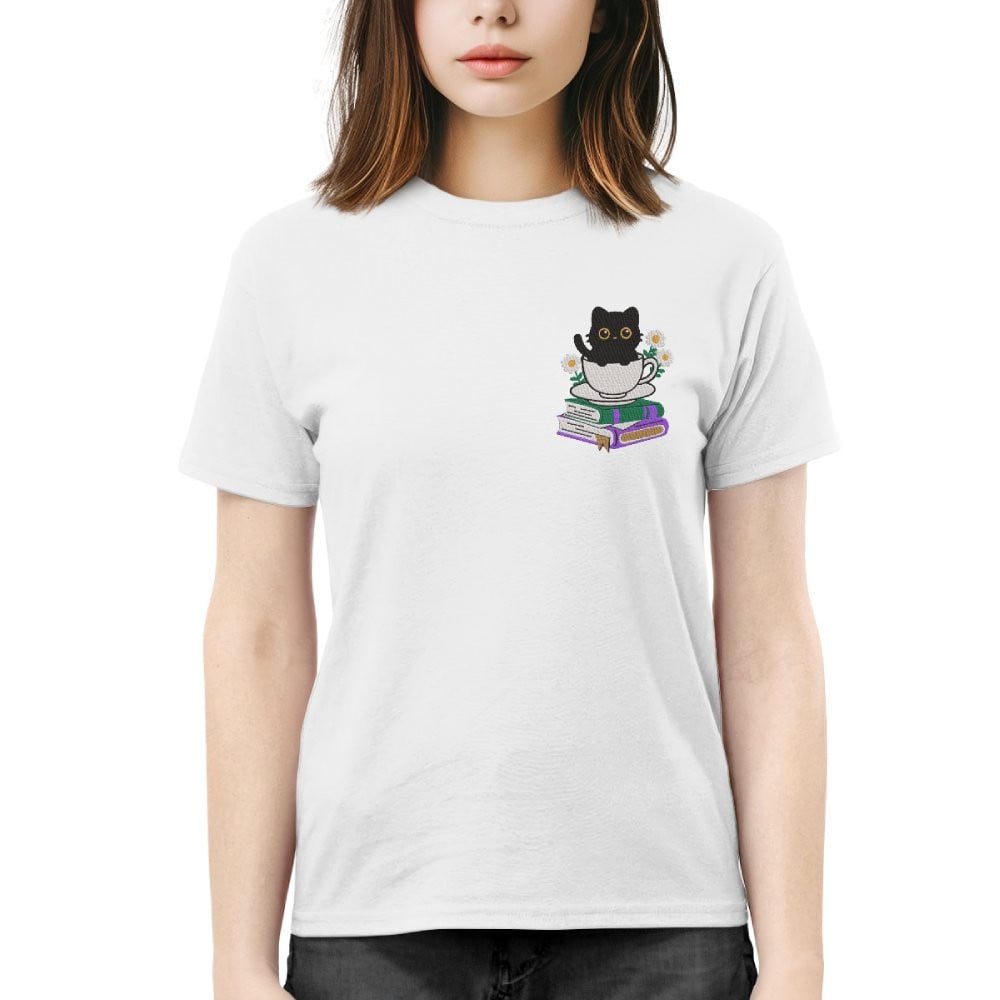 Cute Cat With Coffee And Book Embroidered Shirt For Book Lovers