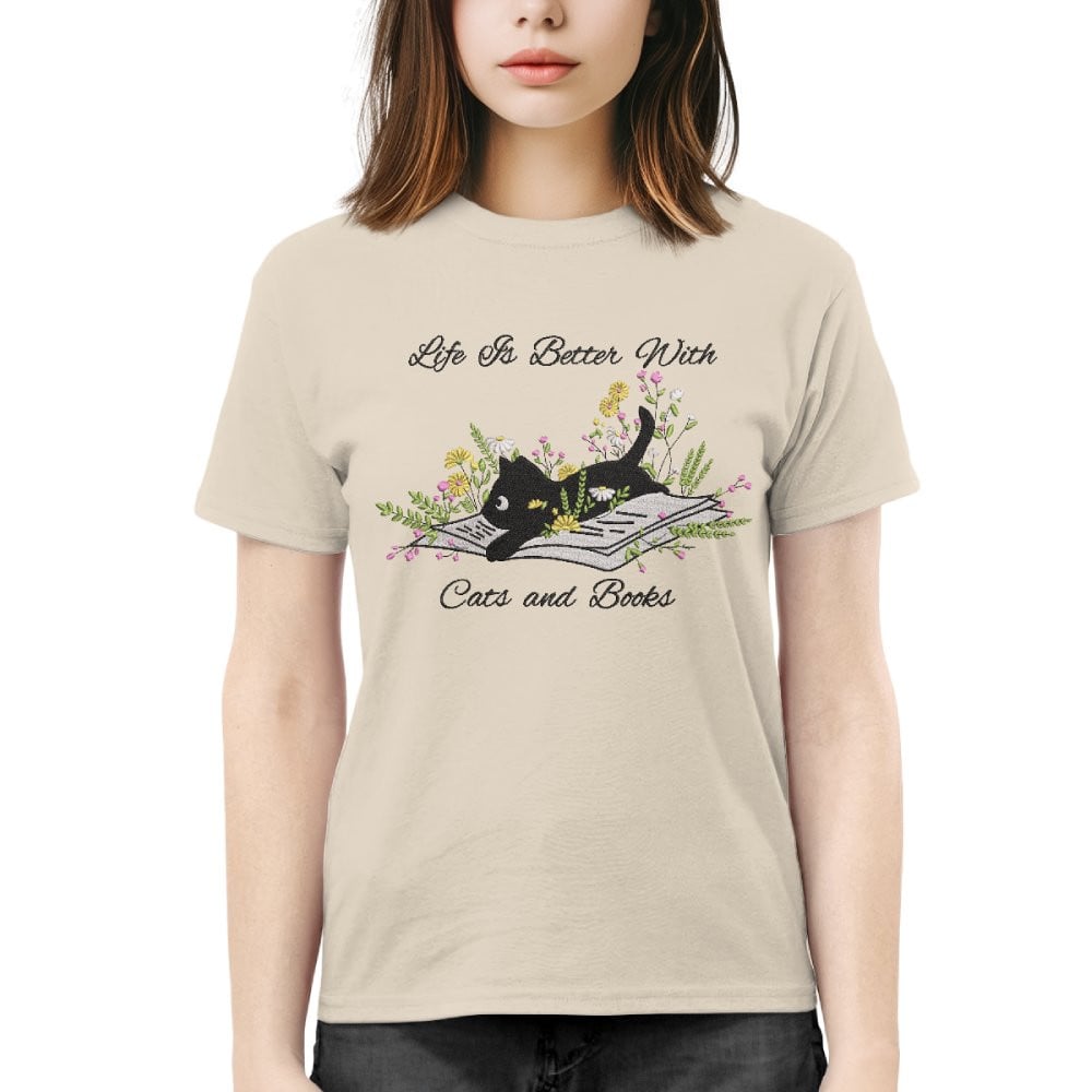 Cute Cat Lying On Book With Flower Embroidered Shirt For Book Lovers