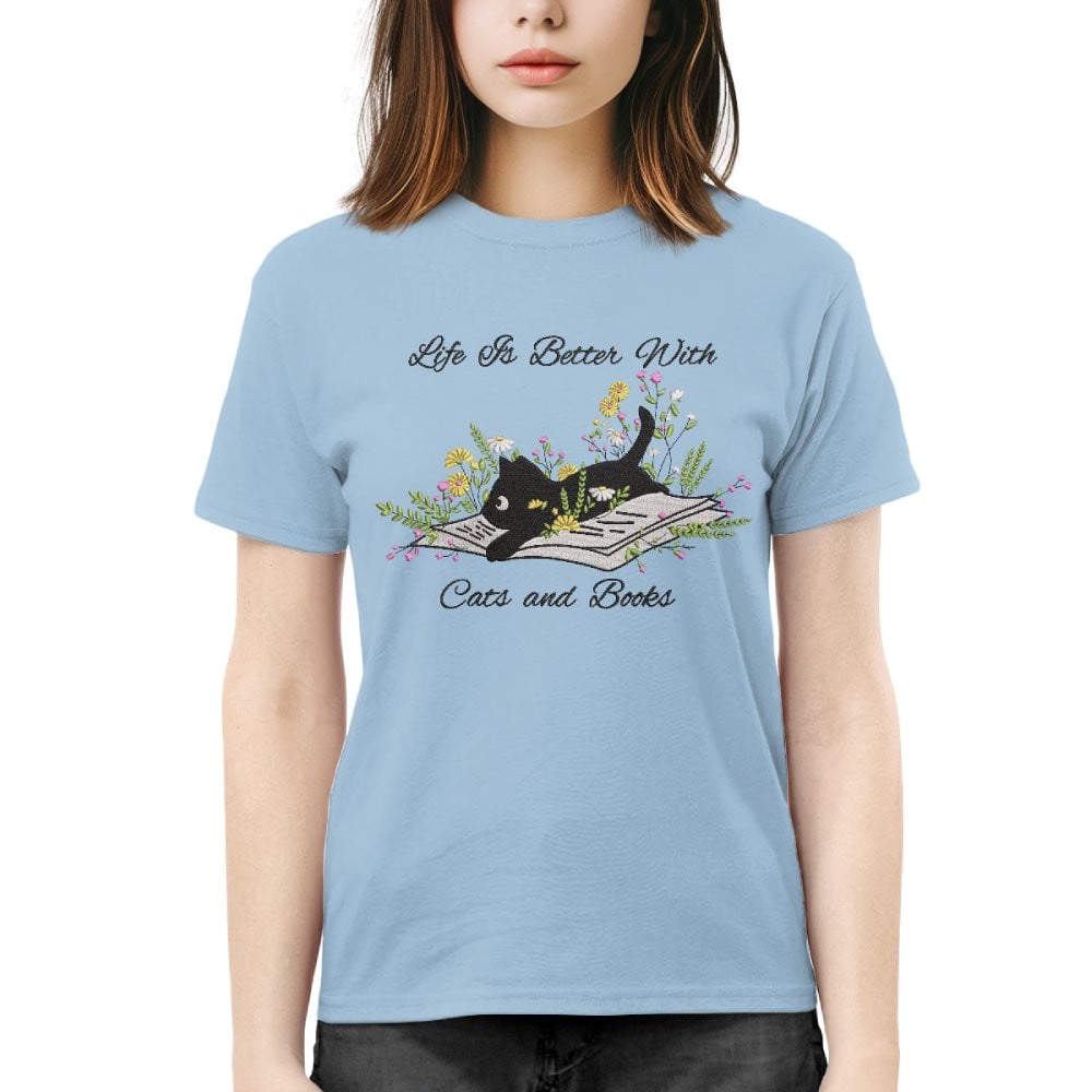 Cute Cat Lying On Book With Flower Embroidered Shirt For Book Lovers