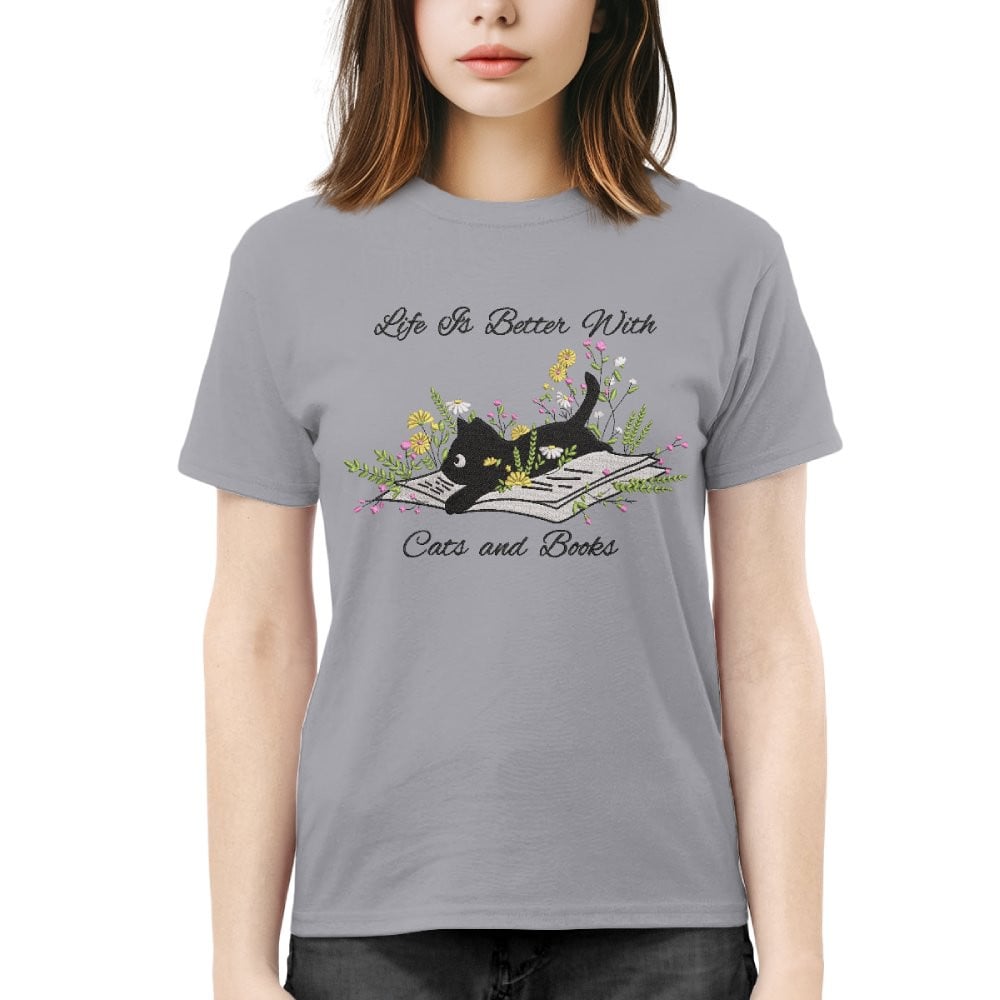 Cute Cat Lying On Book With Flower Embroidered Shirt For Book Lovers